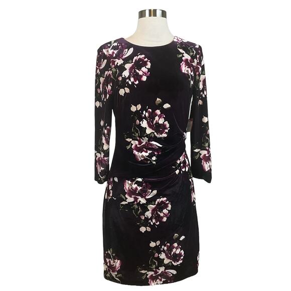 Vince Camuto Velvet Long Sleeve Floral Print Sheath Cocktail Dress Purple Size 8 - Picture 1 of 12